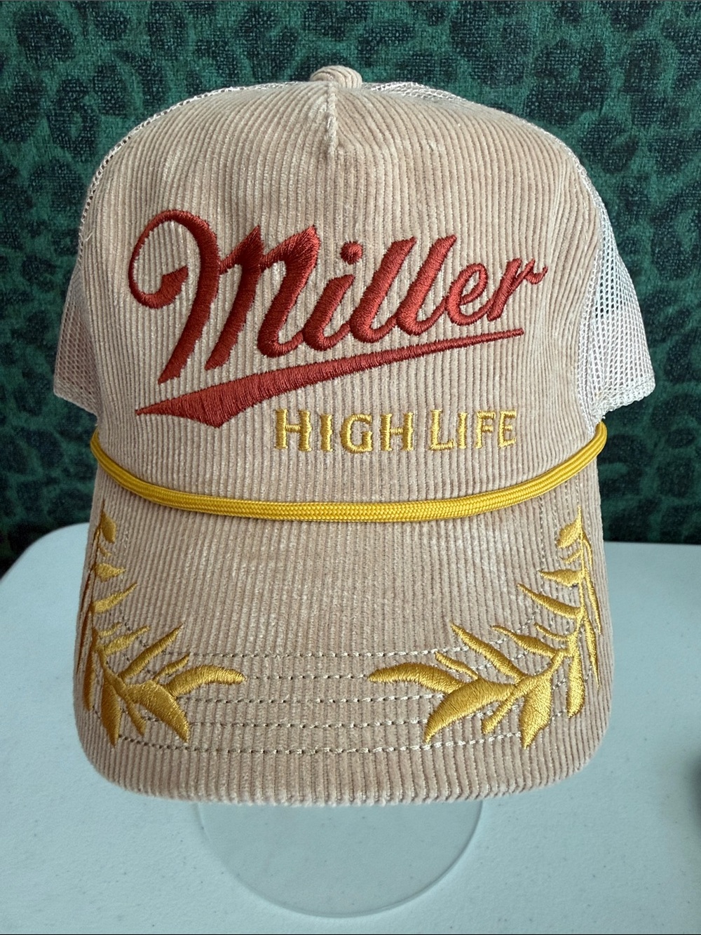Miller High Life Beige Corduroy Trucker Hat with Gold Embroidery